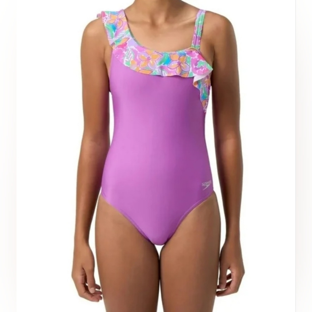 📢 NWT Speedo Girls One-Piece Swimsuit in Lavender with Floral Ruffle (Size: L)